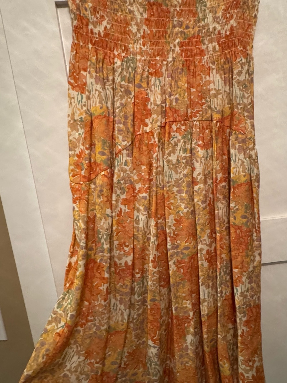 Vince Orange and Cream Floral Midi Skirt with Smocked Waist
